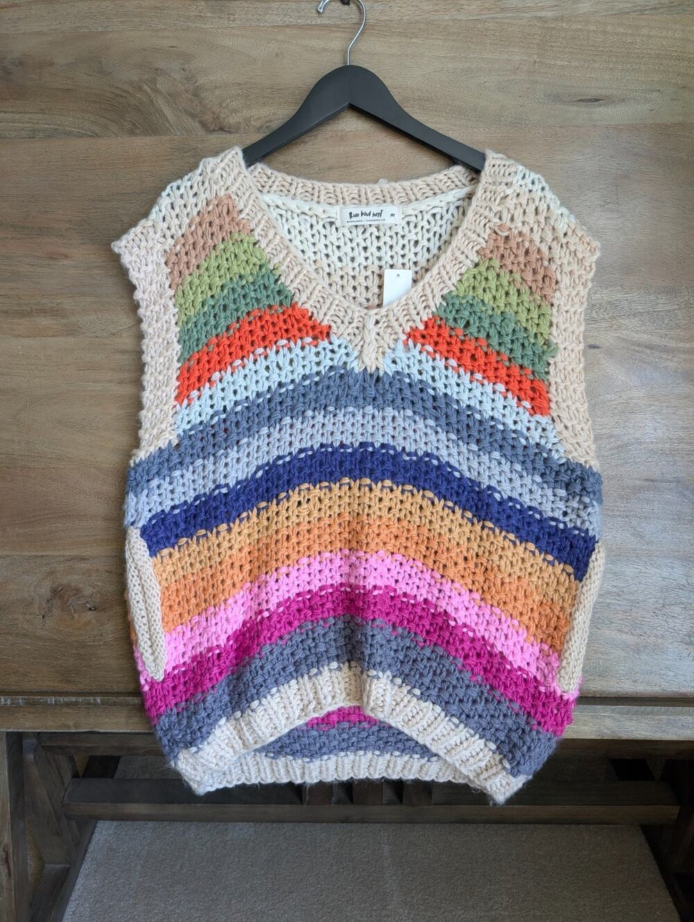 NWT Three Bird Nest Sweater Vest Womens Medium Multi Striped Crochet Knit V-Neck